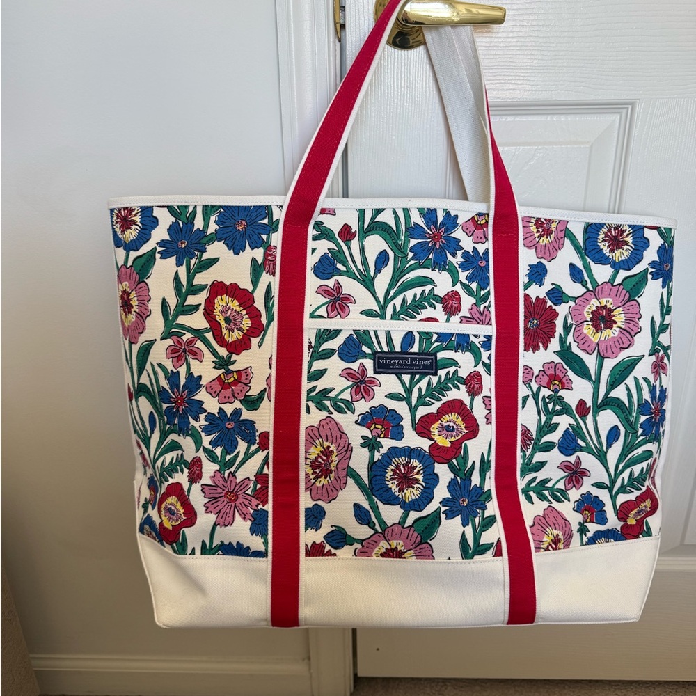 Vineyard Vines Floral Tote with Red and Blue Accents